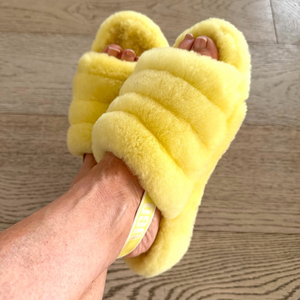 UGG Fluff Yeah Neon Yellow Shearling Slingback Slide Slippers Women’s 8